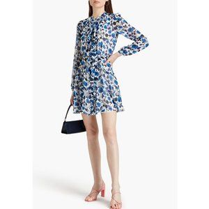 SALONI Tilly Gathered Floral Silk Chiffon Mini Dress / Size 2 / Blue Ruffle